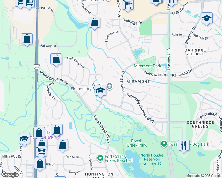 map of restaurants, bars, coffee shops, grocery stores, and more near 5400 Mail Creek Lane in Fort Collins