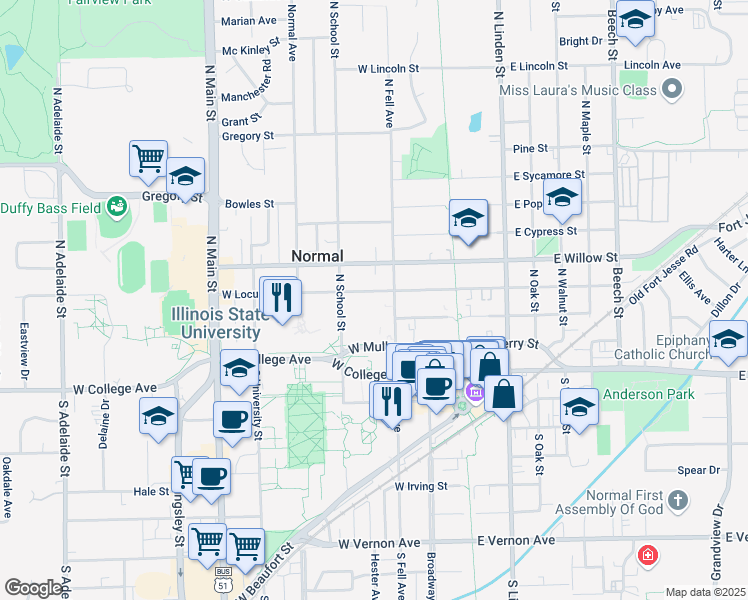 map of restaurants, bars, coffee shops, grocery stores, and more near 207 North Fell Avenue in Normal