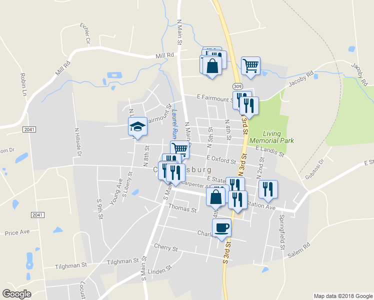 map of restaurants, bars, coffee shops, grocery stores, and more near 106 North Main Street in Coopersburg