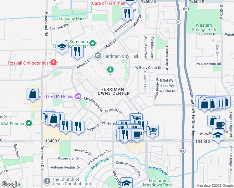 map of restaurants, bars, coffee shops, grocery stores, and more near 13184 Newbridge Lane in Herriman