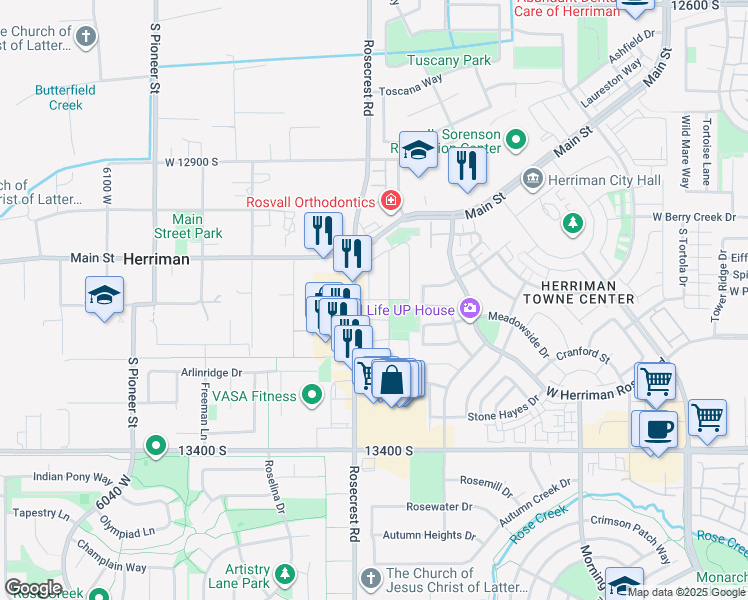 map of restaurants, bars, coffee shops, grocery stores, and more near Pioneer Park Drive in Herriman