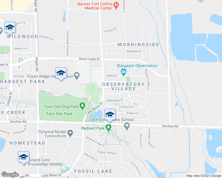 map of restaurants, bars, coffee shops, grocery stores, and more near 3639 Observatory Drive in Fort Collins