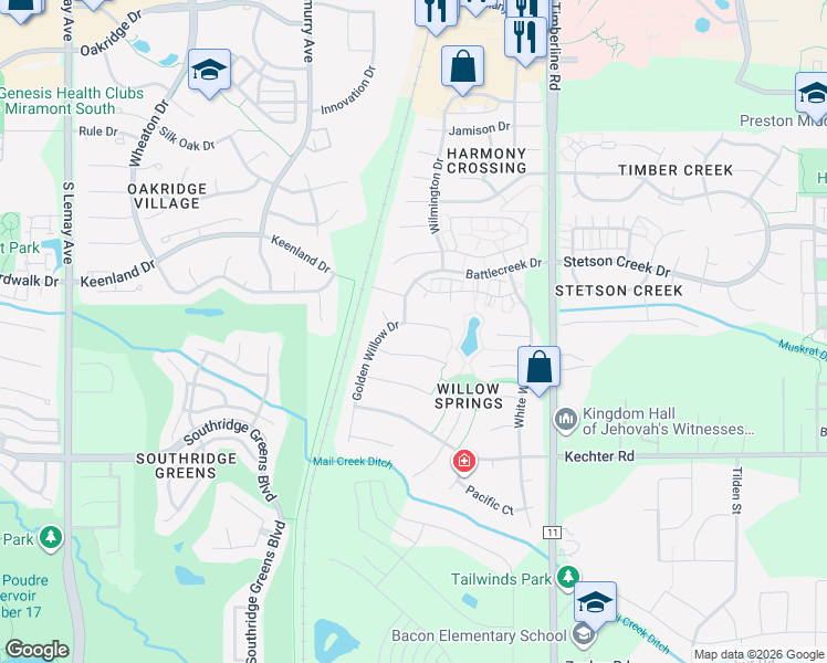map of restaurants, bars, coffee shops, grocery stores, and more near 1802 Golden Willow Court in Fort Collins