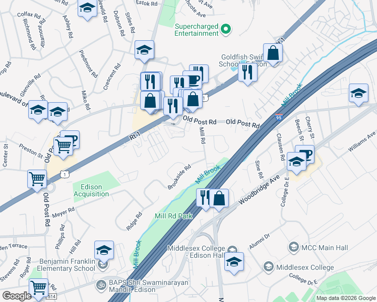 map of restaurants, bars, coffee shops, grocery stores, and more near 16 Mill Road in Edison