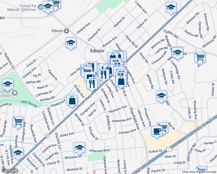map of restaurants, bars, coffee shops, grocery stores, and more near 1795 New Jersey 27 in Edison