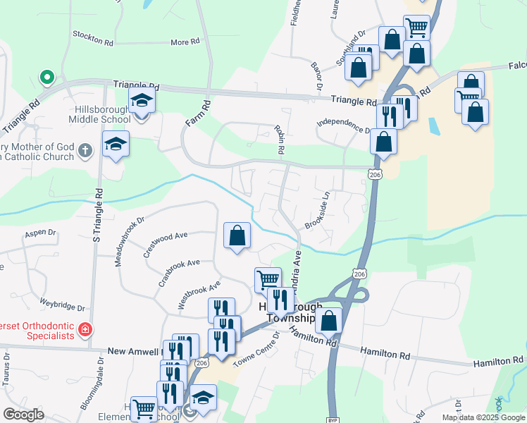 map of restaurants, bars, coffee shops, grocery stores, and more near 538 Andria Avenue in Hillsborough Township