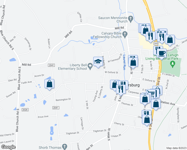 map of restaurants, bars, coffee shops, grocery stores, and more near 45 North Main Street in Coopersburg