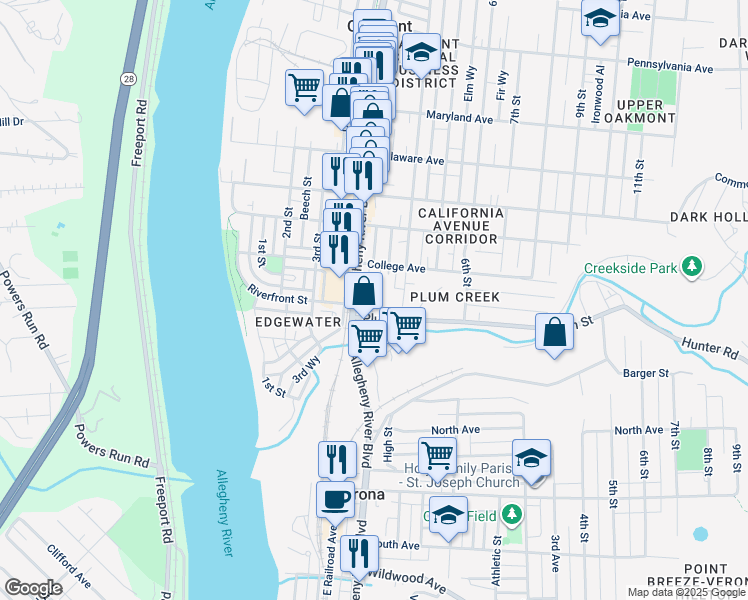 map of restaurants, bars, coffee shops, grocery stores, and more near 142 View Street in Oakmont