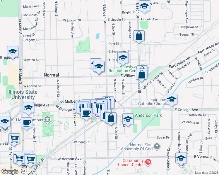 map of restaurants, bars, coffee shops, grocery stores, and more near 399 North Oak Street in Normal