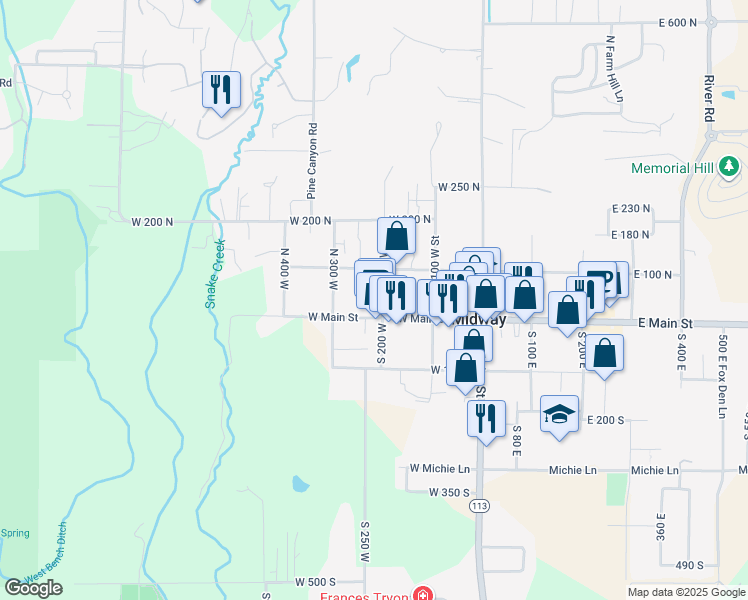 map of restaurants, bars, coffee shops, grocery stores, and more near 33 North 200 West in Midway