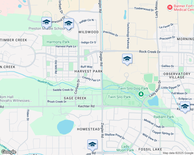 map of restaurants, bars, coffee shops, grocery stores, and more near 3038 County Fair Lane in Fort Collins