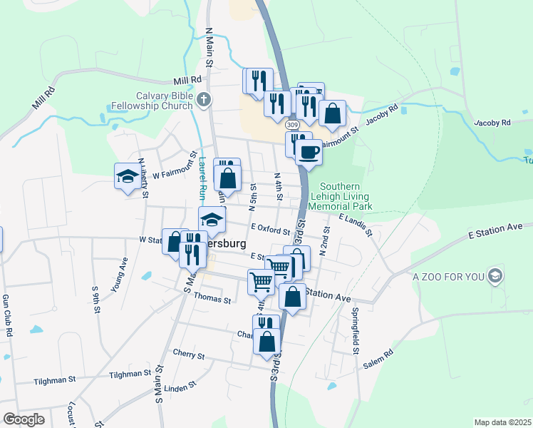 map of restaurants, bars, coffee shops, grocery stores, and more near 422 East Landis Street in Coopersburg
