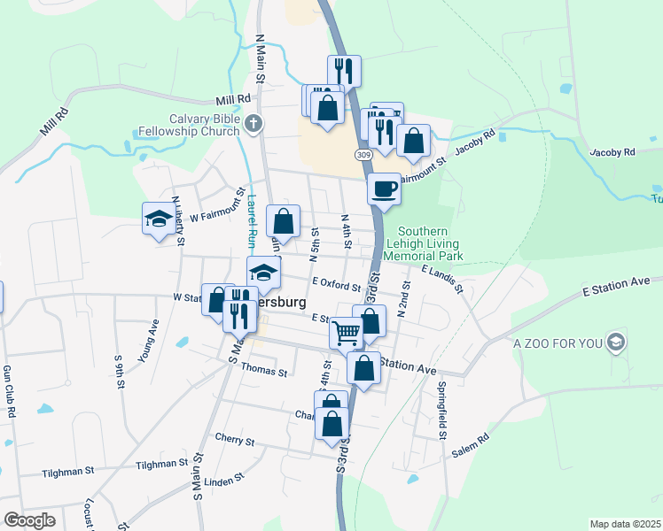 map of restaurants, bars, coffee shops, grocery stores, and more near 422 East Landis Street in Coopersburg