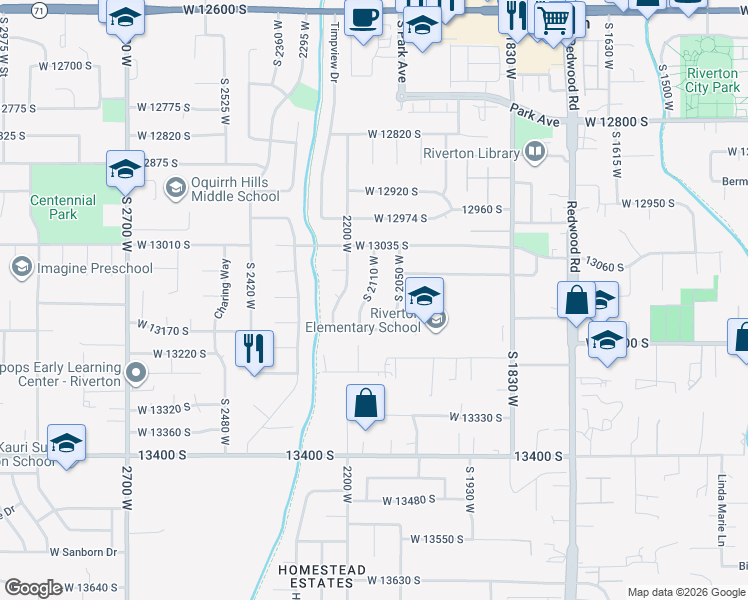 map of restaurants, bars, coffee shops, grocery stores, and more near 13105 South 2110 West in Riverton