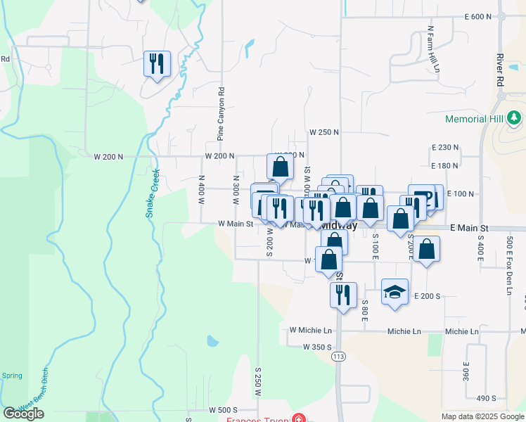 map of restaurants, bars, coffee shops, grocery stores, and more near 33 North 200 West in Midway