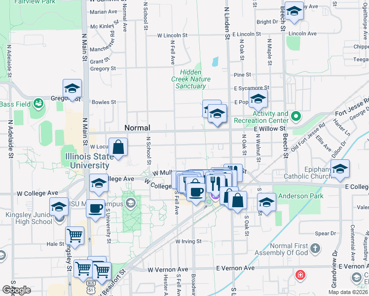 map of restaurants, bars, coffee shops, grocery stores, and more near 115 West Locust Street in Normal