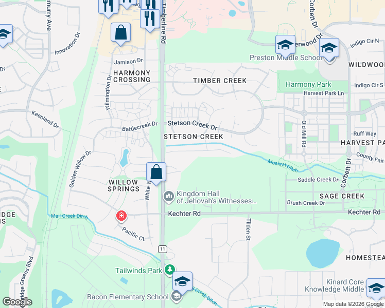map of restaurants, bars, coffee shops, grocery stores, and more near 2215 Sweetwater Creek Drive in Fort Collins