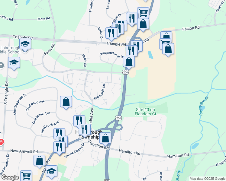 map of restaurants, bars, coffee shops, grocery stores, and more near 624 East Brookside Lane in Hillsborough Township