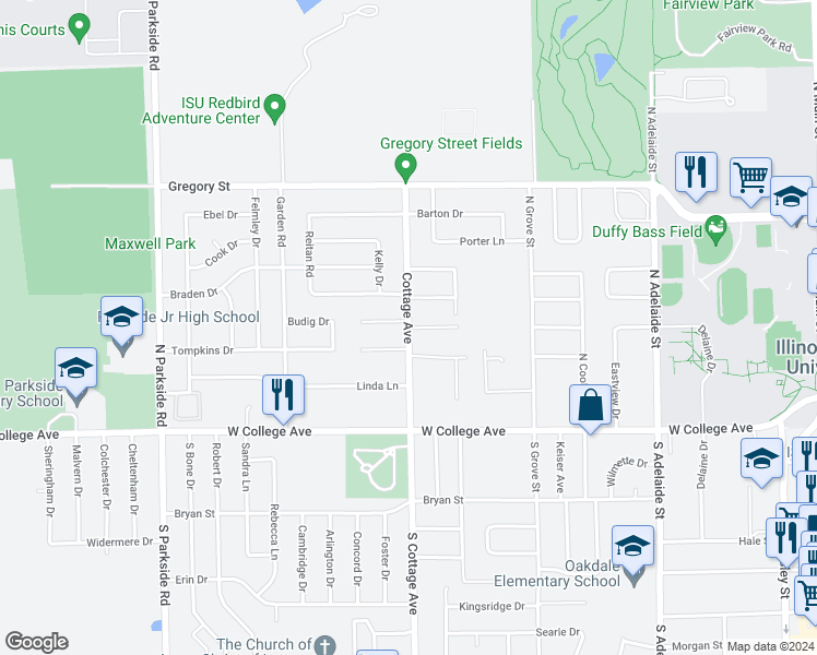 map of restaurants, bars, coffee shops, grocery stores, and more near 210 Cottage Avenue in Normal