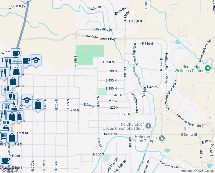 map of restaurants, bars, coffee shops, grocery stores, and more near 816 East 450 North in Heber City