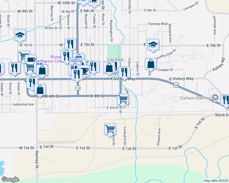 map of restaurants, bars, coffee shops, grocery stores, and more near 440 Washington Street in Craig