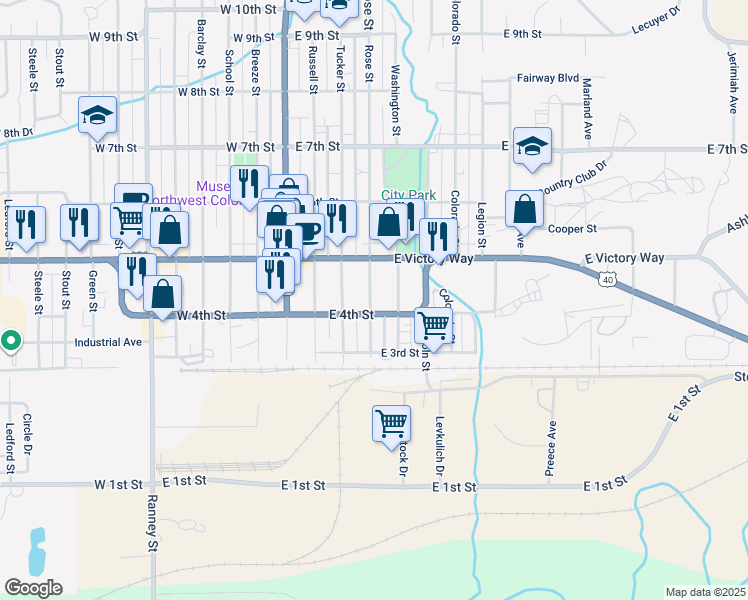 map of restaurants, bars, coffee shops, grocery stores, and more near 400-498 Rose Street in Craig