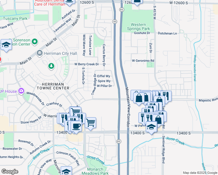 map of restaurants, bars, coffee shops, grocery stores, and more near 4847 Spire Way in Riverton