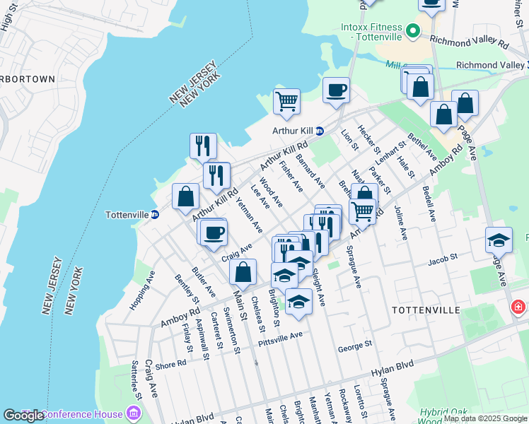 map of restaurants, bars, coffee shops, grocery stores, and more near 134 Lee Avenue in Staten Island