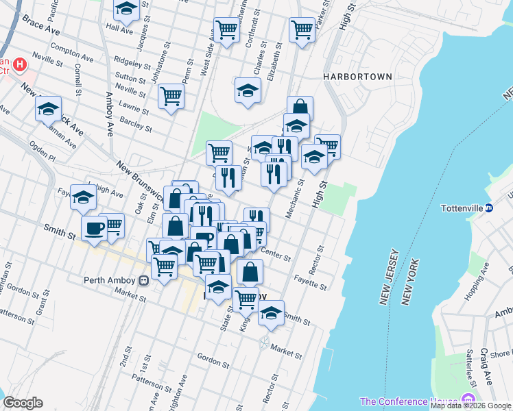 map of restaurants, bars, coffee shops, grocery stores, and more near 149 Washington Street in Perth Amboy