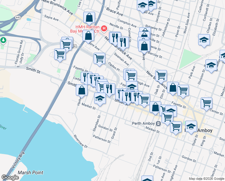 map of restaurants, bars, coffee shops, grocery stores, and more near 415 Fayette Street in Perth Amboy