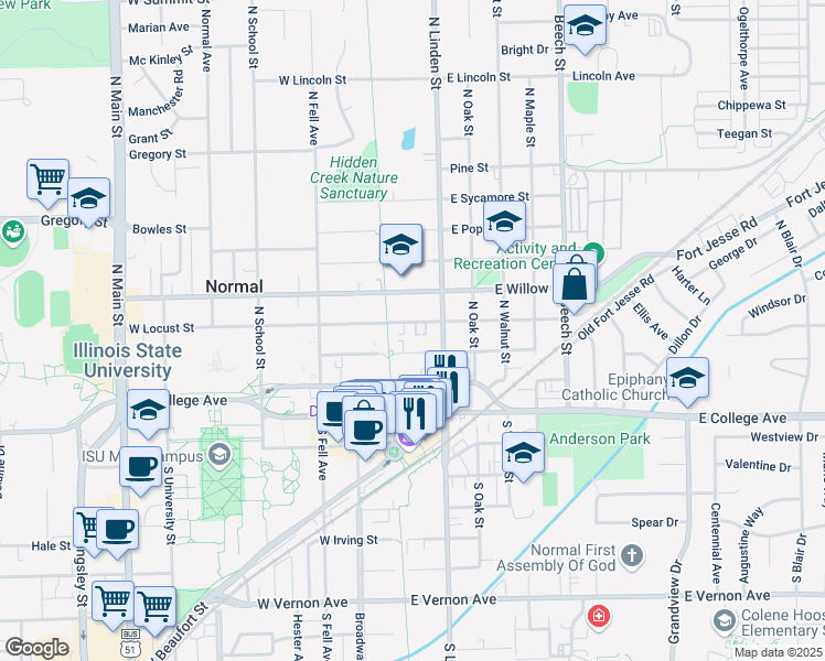 map of restaurants, bars, coffee shops, grocery stores, and more near 403 North Linden Street in Normal