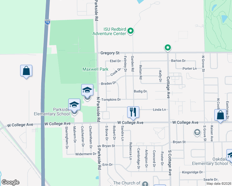 map of restaurants, bars, coffee shops, grocery stores, and more near 1717 Braden Drive in Normal