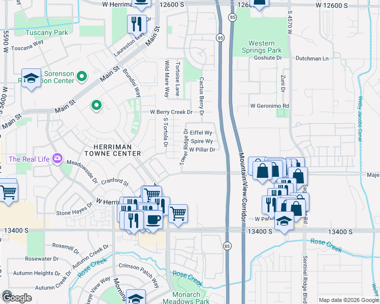 map of restaurants, bars, coffee shops, grocery stores, and more near 4923 West Pillar Drive in Riverton