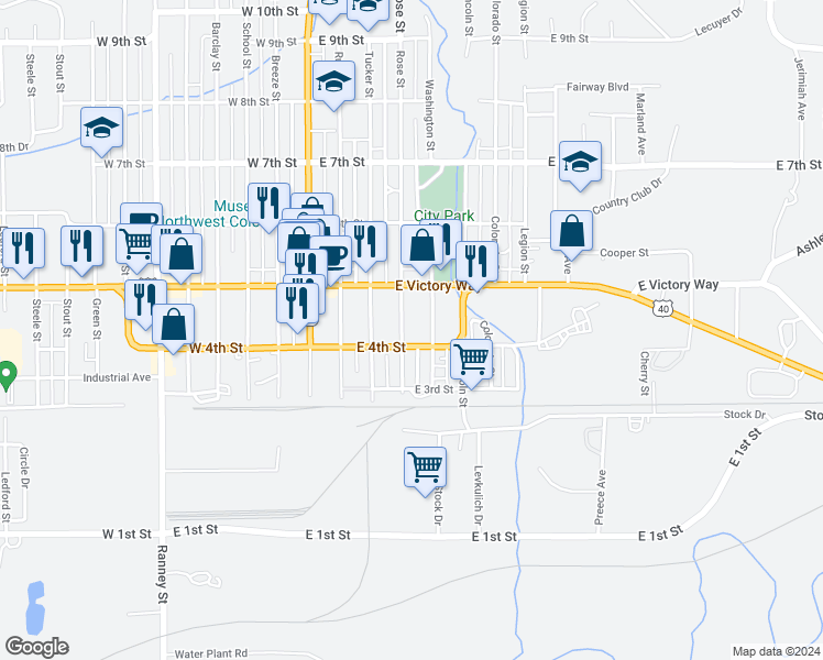 map of restaurants, bars, coffee shops, grocery stores, and more near 431 Rose Street in Craig