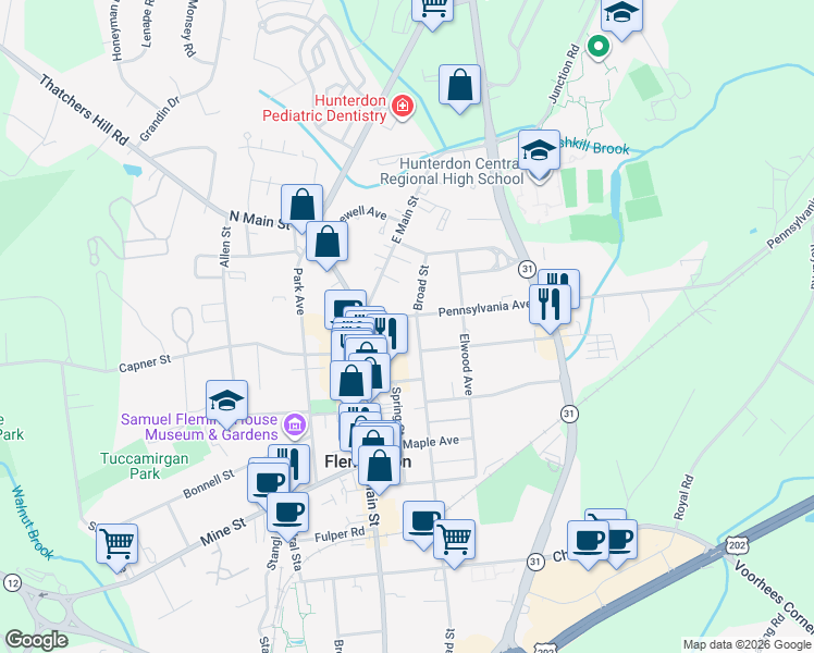 map of restaurants, bars, coffee shops, grocery stores, and more near 18 Pennsylvania Avenue in Flemington