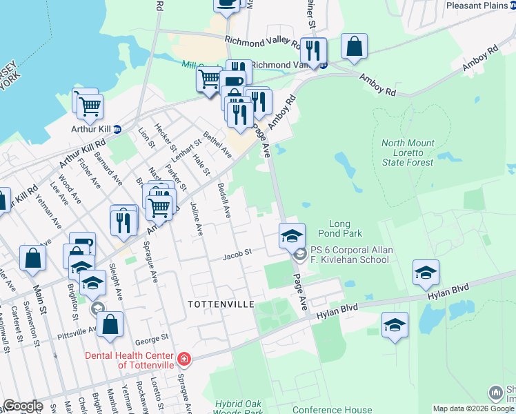 map of restaurants, bars, coffee shops, grocery stores, and more near 77 Giegerich Avenue in Staten Island