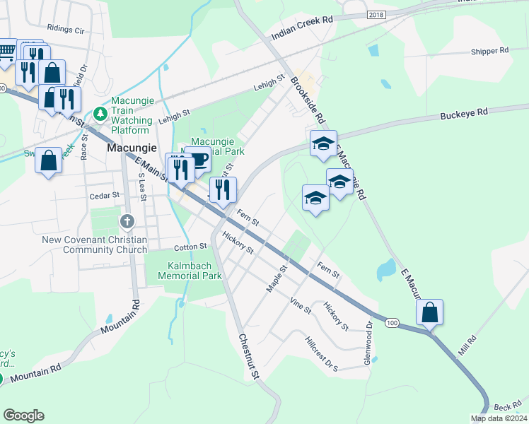 map of restaurants, bars, coffee shops, grocery stores, and more near 41 North Sycamore Street in Macungie