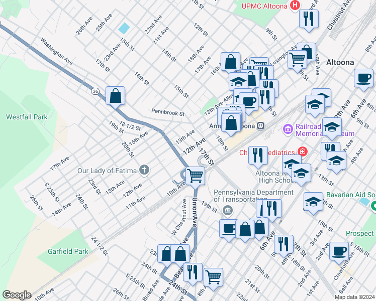 map of restaurants, bars, coffee shops, grocery stores, and more near 1724 12th Avenue in Altoona