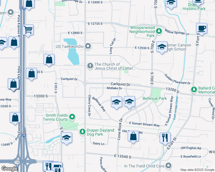 map of restaurants, bars, coffee shops, grocery stores, and more near 439 Midlake Drive in Draper
