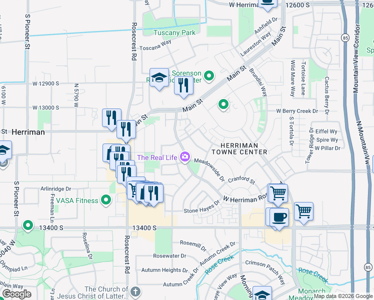 map of restaurants, bars, coffee shops, grocery stores, and more near 13173 South Herriman Rose Boulevard in Herriman