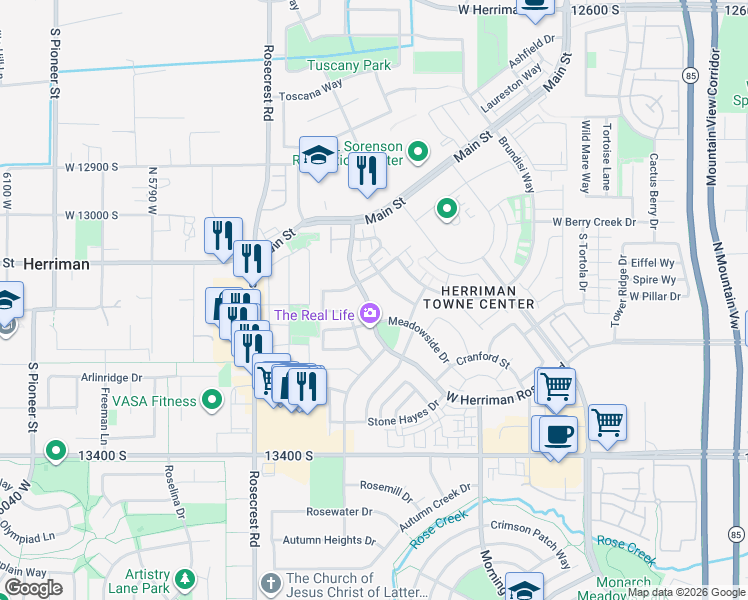 map of restaurants, bars, coffee shops, grocery stores, and more near 13173 South Herriman Rose Boulevard in Herriman
