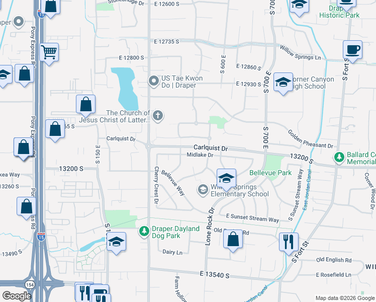 map of restaurants, bars, coffee shops, grocery stores, and more near 439 Midlake Drive in Draper