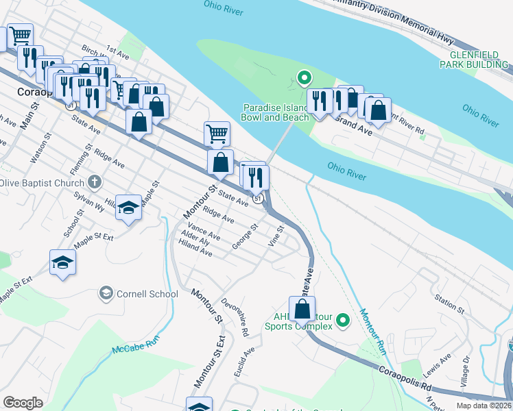 map of restaurants, bars, coffee shops, grocery stores, and more near 1613 State Avenue in Coraopolis