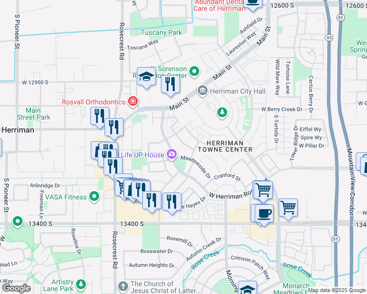 map of restaurants, bars, coffee shops, grocery stores, and more near 13168 Brickshire Lane in Herriman