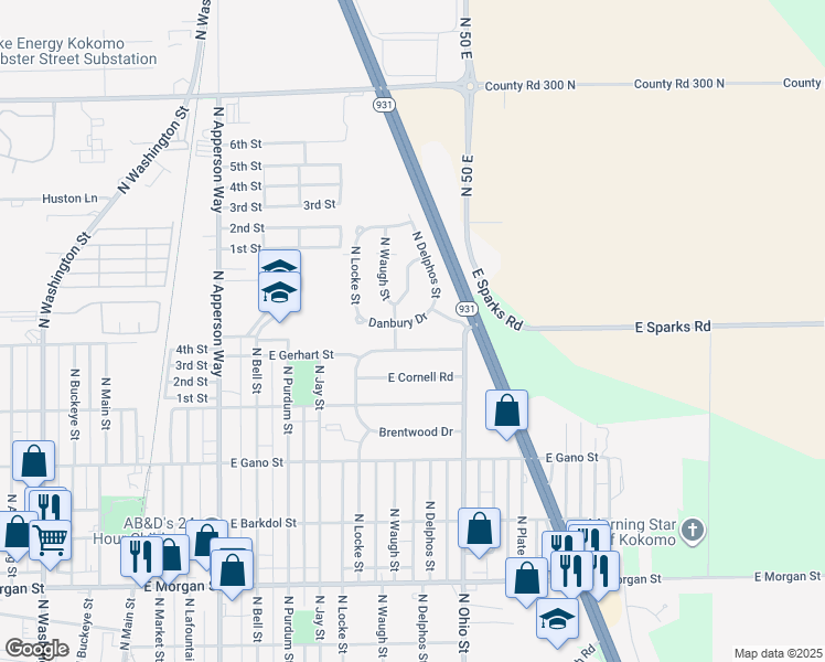 map of restaurants, bars, coffee shops, grocery stores, and more near 1011 Danbury Drive in Kokomo