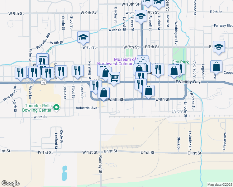 map of restaurants, bars, coffee shops, grocery stores, and more near 452 Barclay Street in Craig