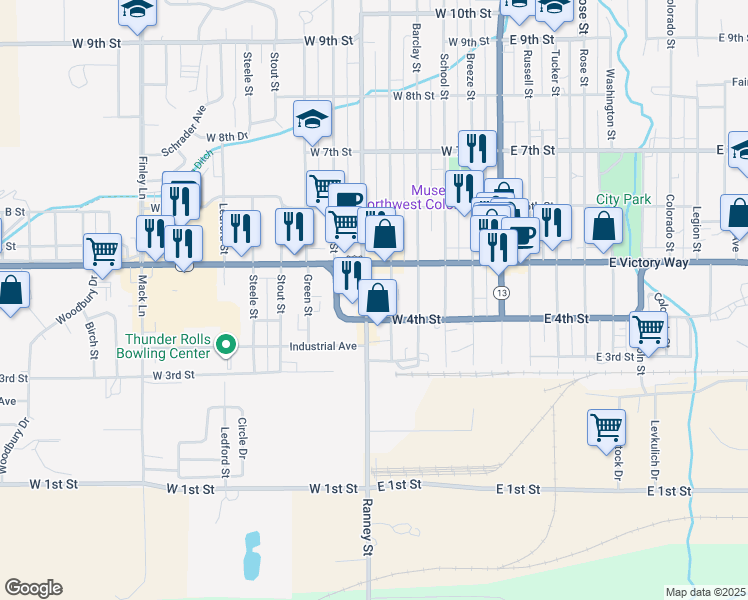 map of restaurants, bars, coffee shops, grocery stores, and more near 463 Ranney Street in Craig