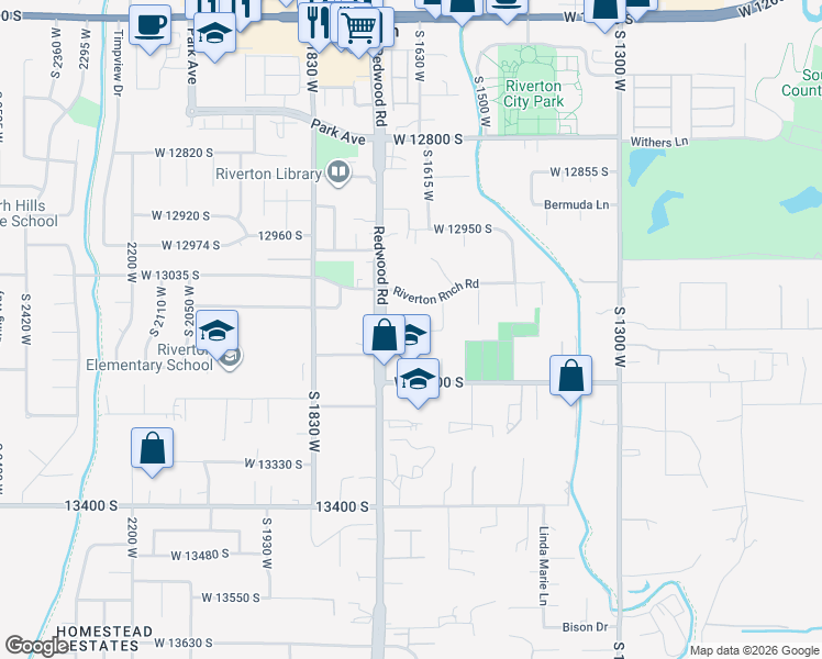 map of restaurants, bars, coffee shops, grocery stores, and more near 1649 West 13040 South in Riverton