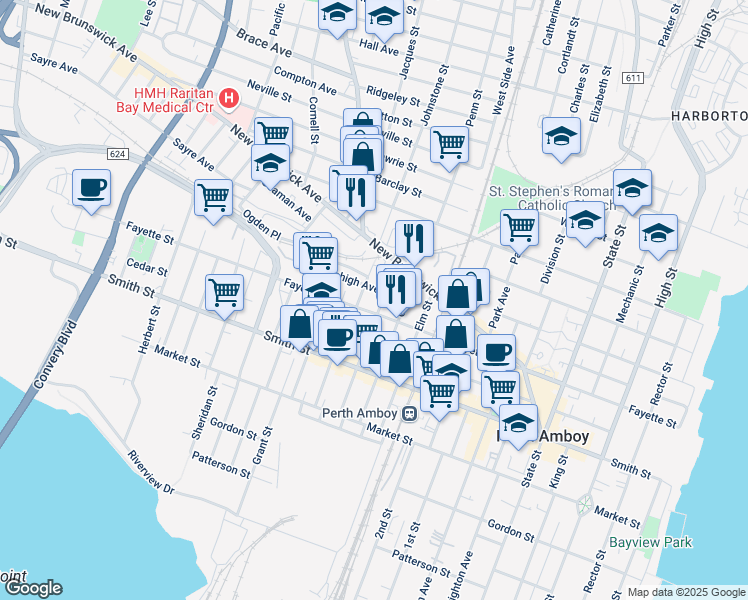 map of restaurants, bars, coffee shops, grocery stores, and more near 376 Stanford Street in Perth Amboy