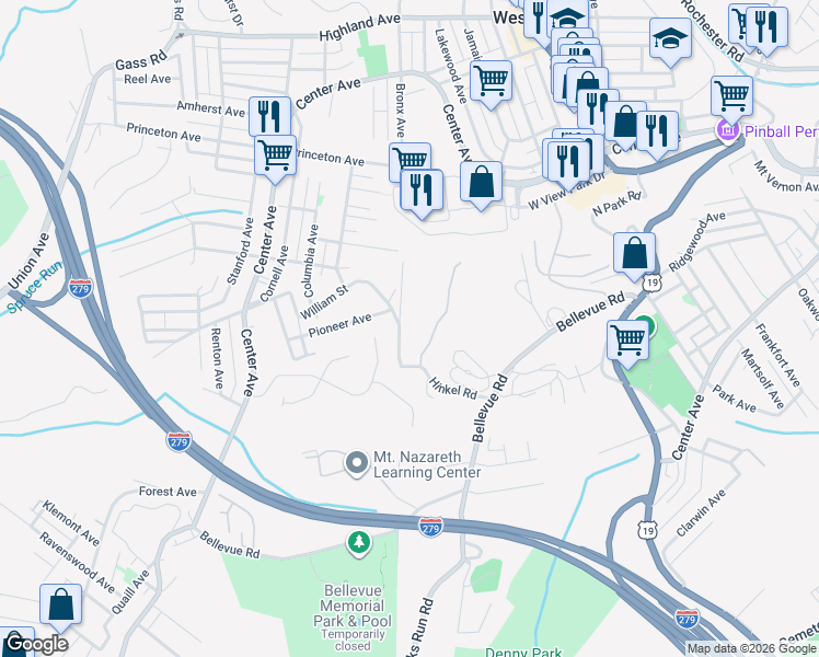 map of restaurants, bars, coffee shops, grocery stores, and more near 117 Westminster Drive in Pittsburgh